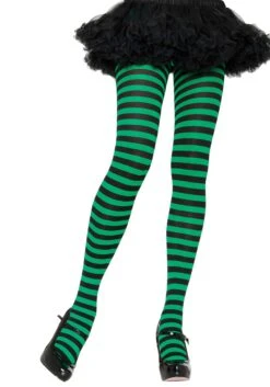 LEG AVENUE Black And Green Striped Nylon Tights For Women