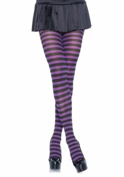 LEG AVENUE Plus Size Black And Purple Striped Nylon Women's Tights