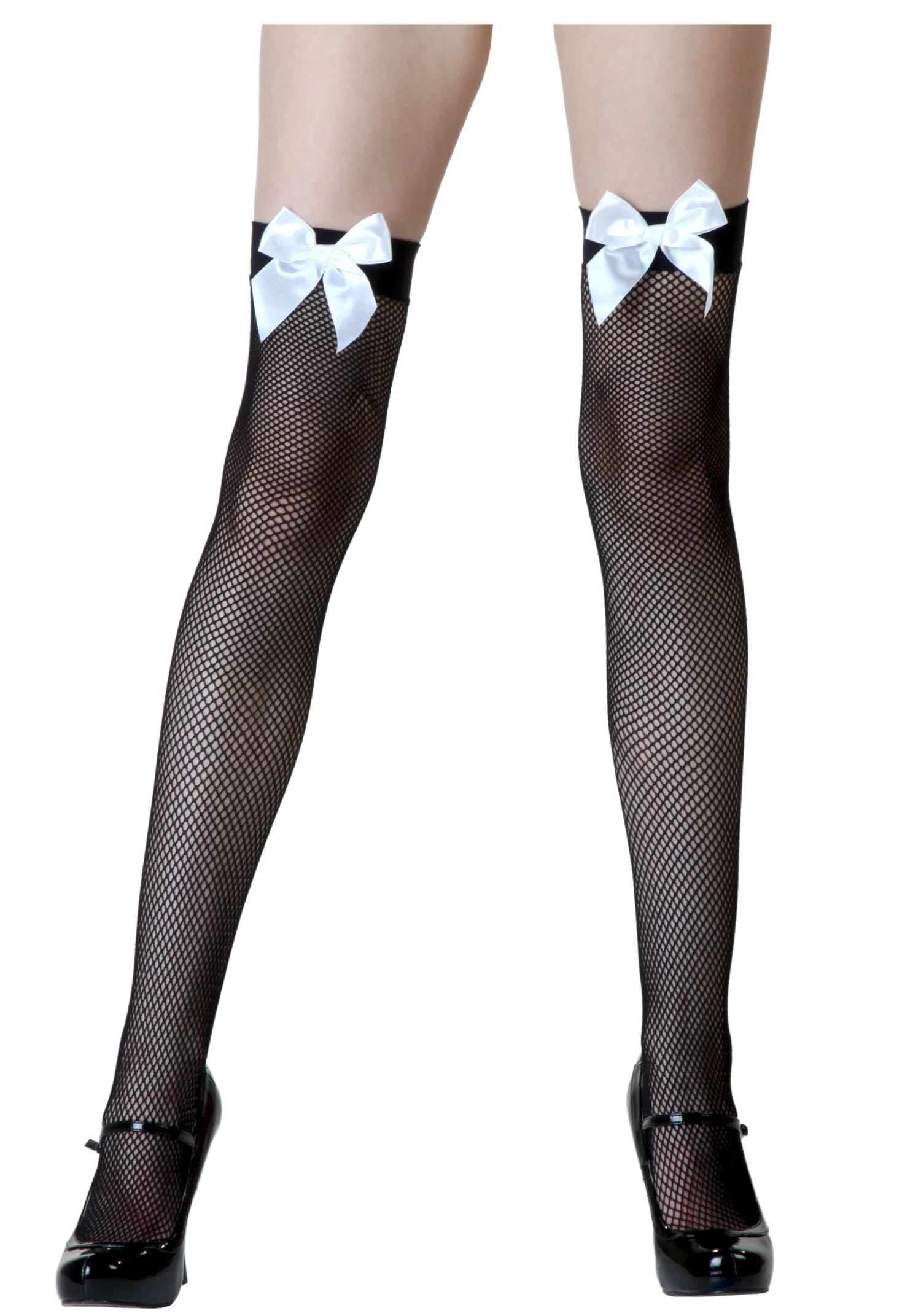 LEG AVENUE Black Fishnet / White Bow Thigh High Stockings 3 LEG AVENUE Black Fishnet / White Bow Thigh High Stockings