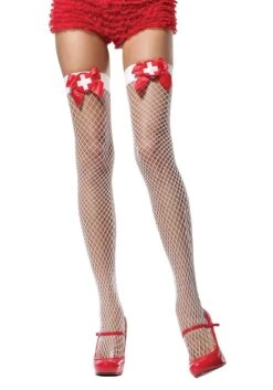 LEG AVENUE Women's White Fishnet Thigh High Nurse Stockings