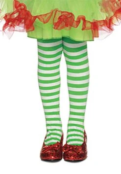 LEG AVENUE Kids Green And White Striped Tights