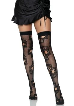 LEG AVENUE Sugar Skull Net Thigh High Stockings For Women -Leg Avenue sugar skull net thigh high tights alt 2