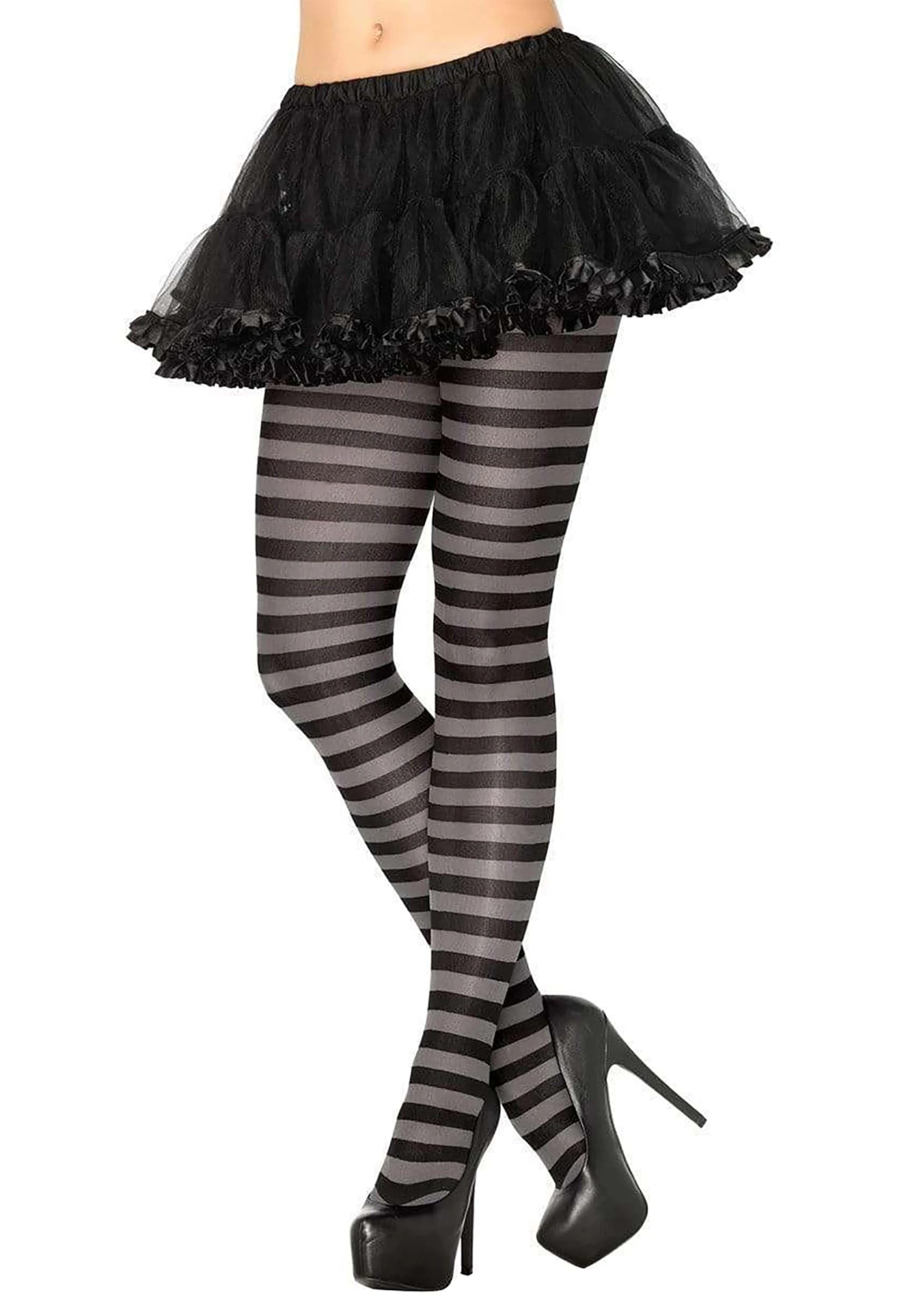 LEG AVENUE Black And Grey Striped Nylon Tights For Women 3 LEG AVENUE Black And Grey Striped Nylon Tights For Women