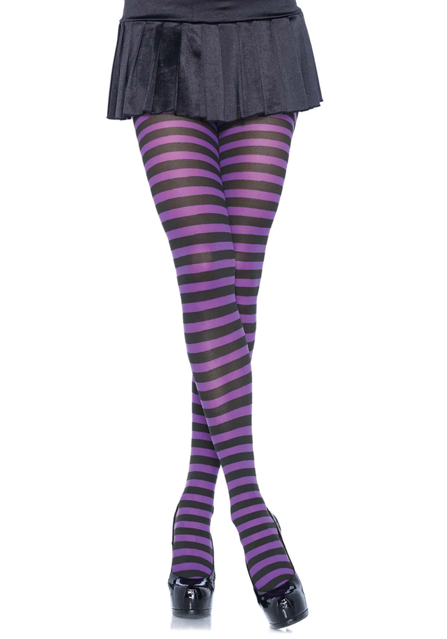 LEG AVENUE Black And Purple Striped Nylon Tights For Women 3 LEG AVENUE Black And Purple Striped Nylon Tights For Women
