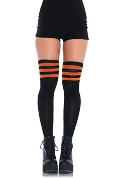 LEG AVENUE Women's Athletic Black Thigh High Socks With Orange Stripes