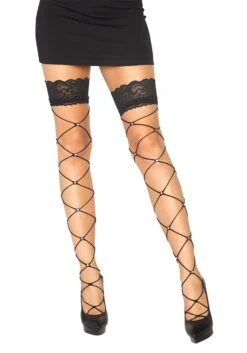LEG AVENUE Women's Crystal Lace Top Thigh High Stockings