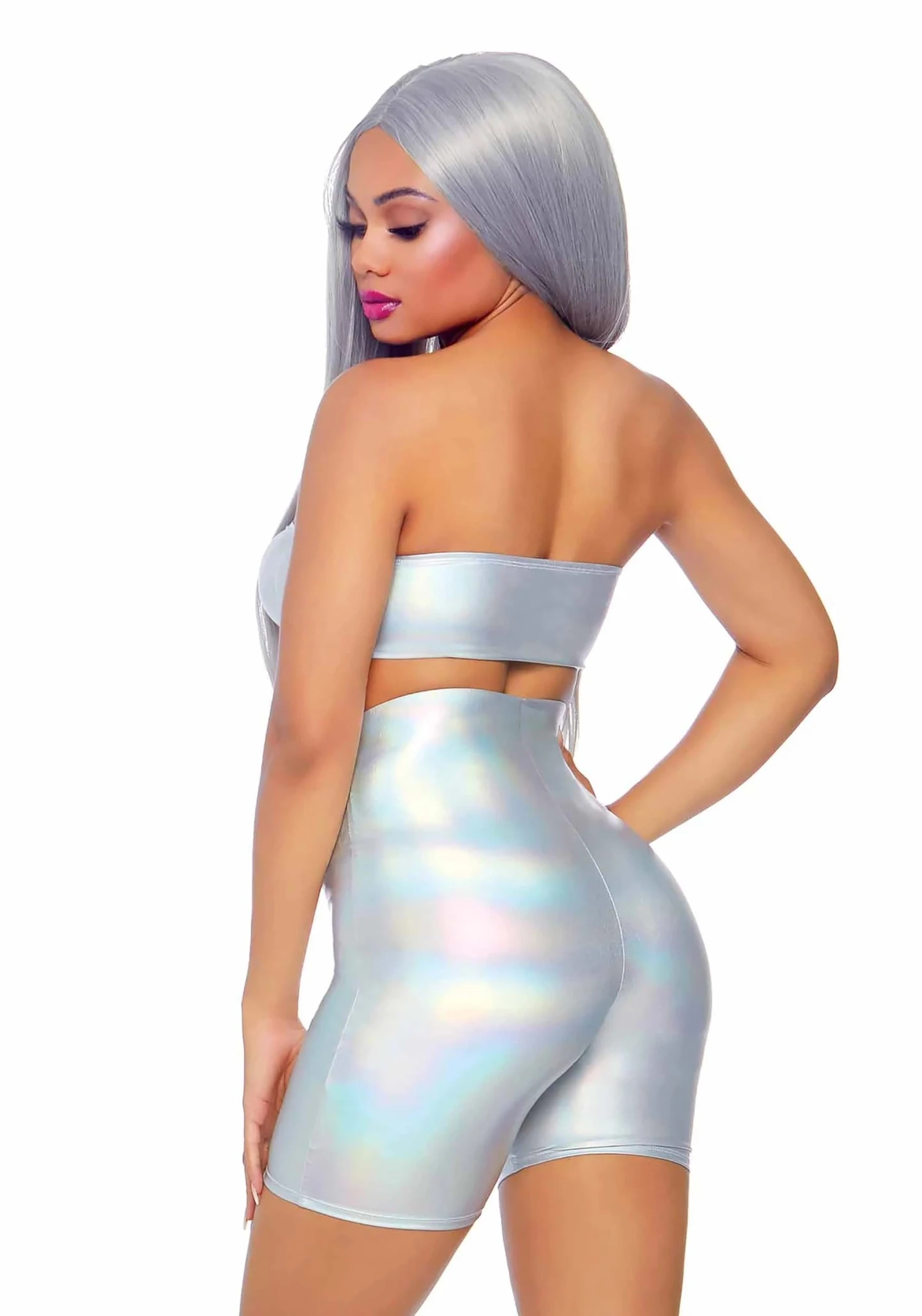 LEG AVENUE Women's Holographic Metallic Bandeau & Bike Short For Women 4 LEG AVENUE Women's Holographic Metallic Bandeau & Bike Short For Women - Image 2