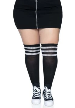 LEG AVENUE Women's Plus Size Black Athletic Socks With White Stripes