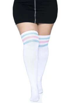 LEG AVENUE Women's Plus Size White Athletic Socks With Pink And Blue Stripes -Leg Avenue womens plus white athletic socks with pink and blue alt 2