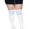 LEG AVENUE Women's Plus Size White Athletic Socks With Pink And Blue Stripes -Leg Avenue womens plus white athletic socks with pink and blue stripes