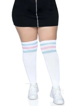 LEG AVENUE Women's Plus Size White Athletic Socks With Pink And Blue Stripes