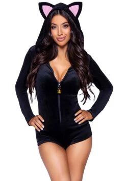LEG AVENUE Plush Black Cat Romper Costume For Women